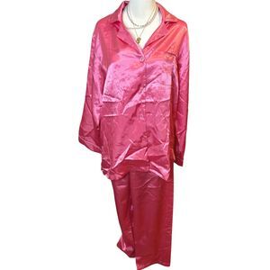 Oscar de la Renta Pink Label Hot Pink Satin Pajama Set 2pc Button Down Small